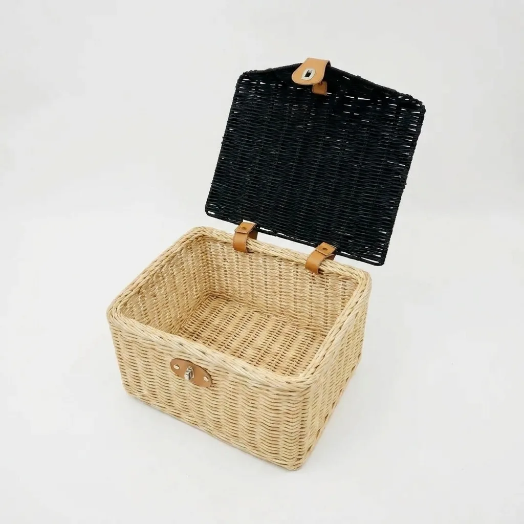 Rattan backpack with a natural base, black woven hood and leather straps
