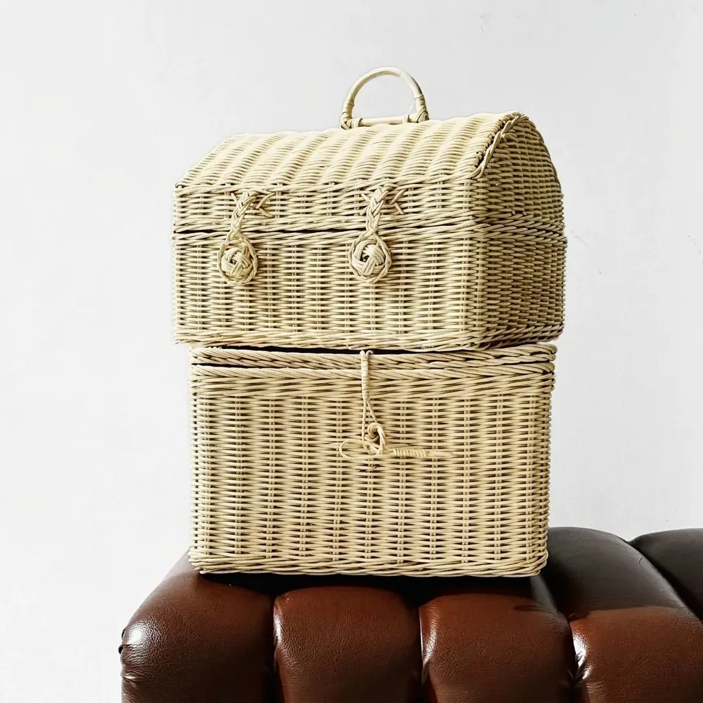 Two-compartment natural rattan hamper with rope-knot trim and a leather strap closure