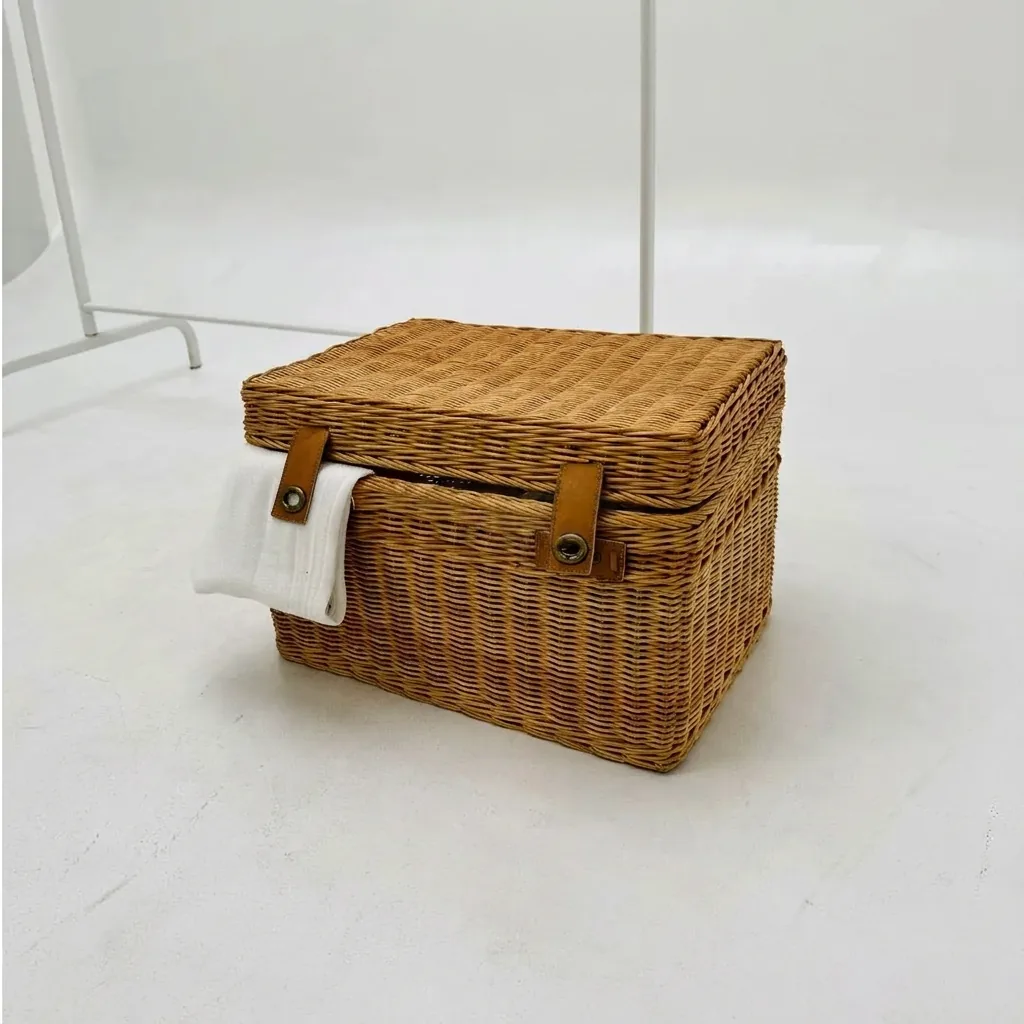 Natural honey rattan storage basket with a lid and brown leather carry straps