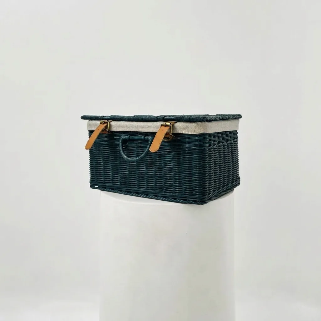 Teal-coloured rattan storage box with natural linen trim, fabric lining and tan leather handles