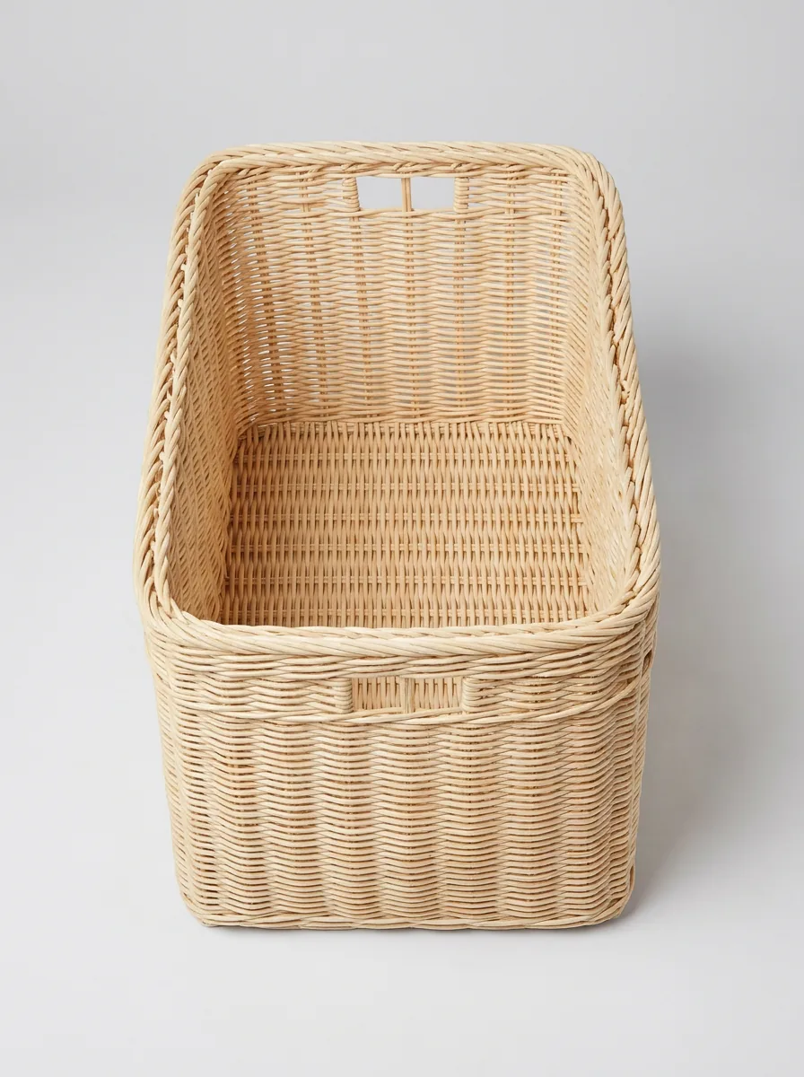 Artisan hand-weaving a rattan basket with loose cane strands on the floor